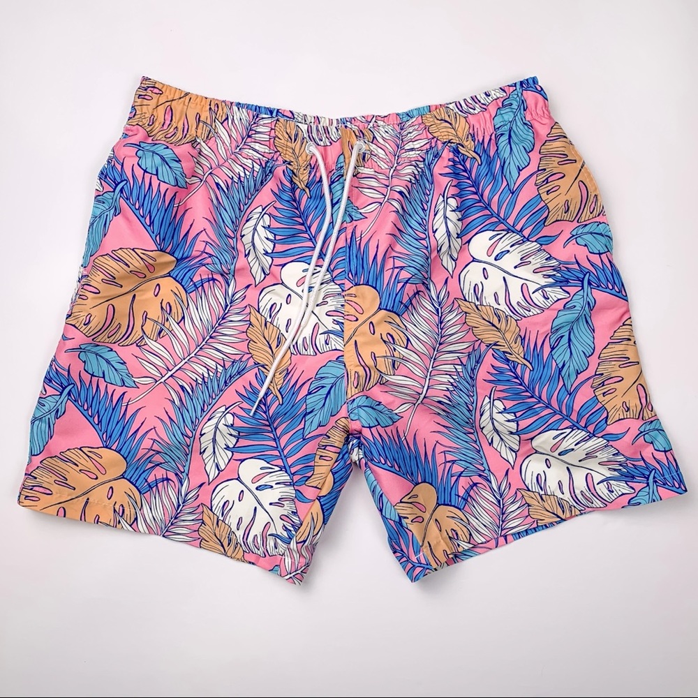 Boardies men’s tropical print swim shorts in blue, orange and pink, size large